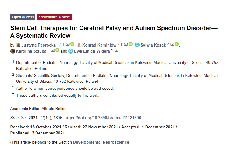 期刊综述：干细胞疗法治疗脑性麻痹和自闭症谱系障碍的临床研究进展