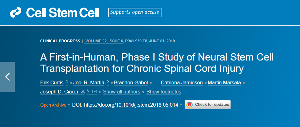 神经干细胞移植治疗慢性脊髓损伤的首次人体I期研究