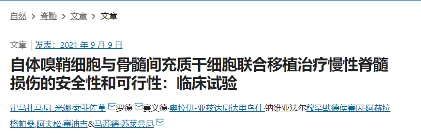 自体嗅鞘细胞与骨髓间充质干细胞联合移植治疗慢性脊髓损伤的安全性和可行性：临床试验