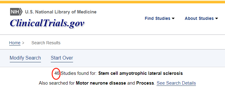 clinicaltrials.gov网站上注册的有关干细胞治疗肌萎缩侧索硬化症的临床研究项目有46项。