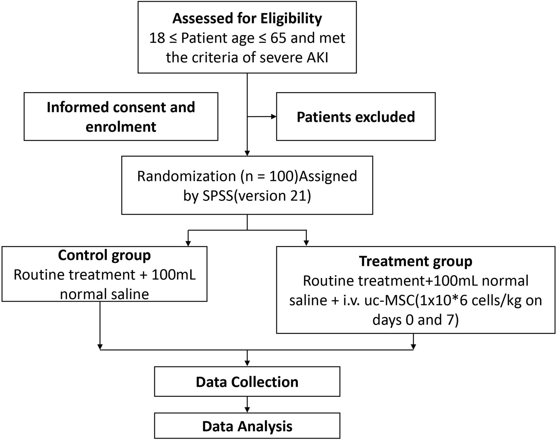 脐带间充质干细胞移植对严重急性肾损伤患者疗效的流程图