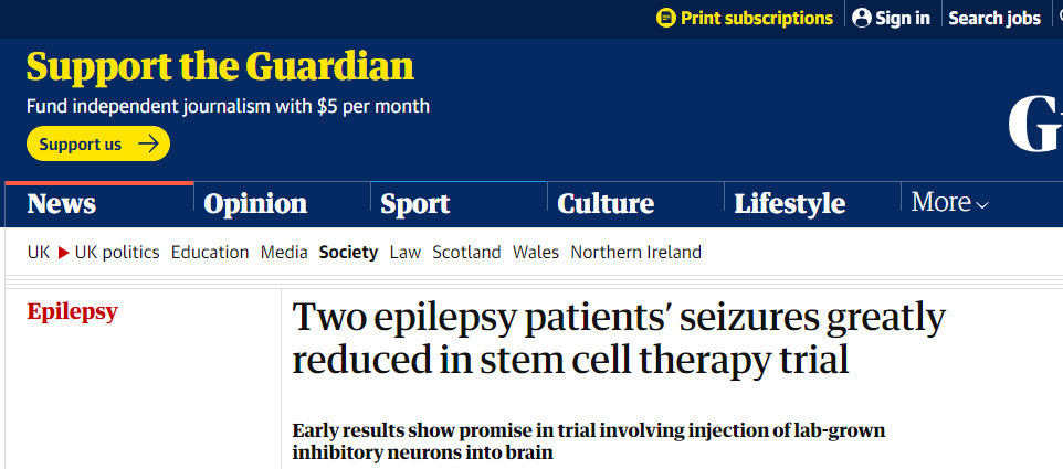英国《卫报》：两名癫痫患者的癫痫发作在干细胞治疗试验中大大减少