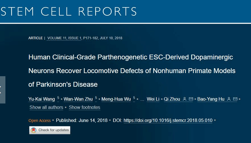人类临床级孤雌生殖 ESC 衍生的多巴胺能神经元可恢复非人类灵长类动物帕金森病模型的运动缺陷 人类临床级孤雌生殖 ESC 衍生的多巴胺能神经元可恢复非人类灵长类动物帕金森病模型的运动缺陷