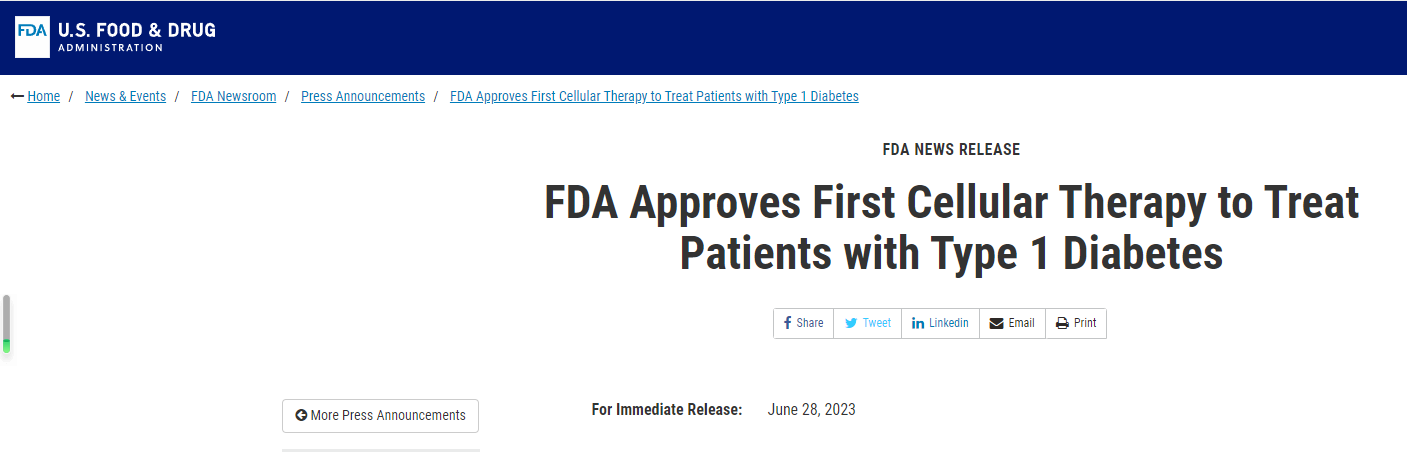 FDA批准首个细胞疗法治疗1型糖尿病患者