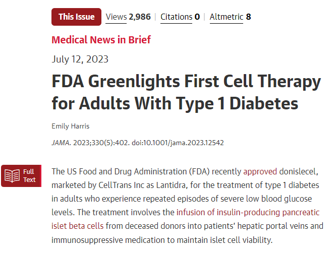 FDA批准首个针对成人1型糖尿病的细胞疗法