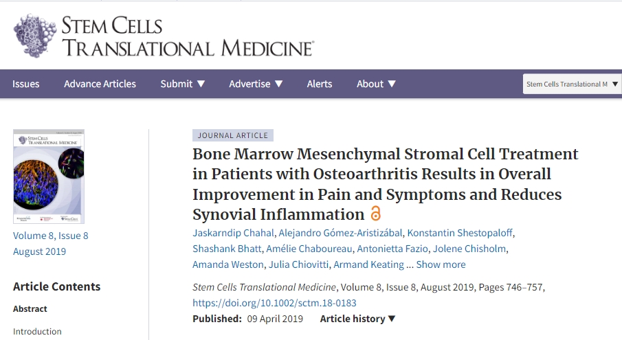 干细胞治疗骨关节炎患者可全面改善疼痛和症状并减少滑膜炎症