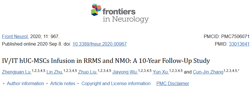 静脉/静脉内 hUC-MSCs 输注治疗 RRMS 和 NMO：一项为期 10 年的随访研究
