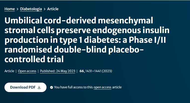 脐带间充质干细胞可保护1型糖尿病患者的内源性胰岛素分泌：I/II期临床试验