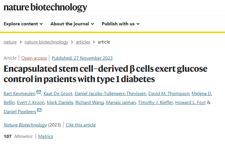 标题：封装的干细胞衍生β细胞能控制1型糖尿病患者的血糖