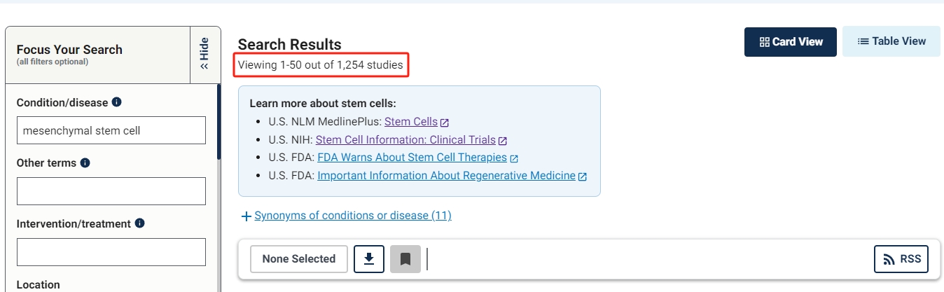 全球已有1254项临床试验使用MSC疗法