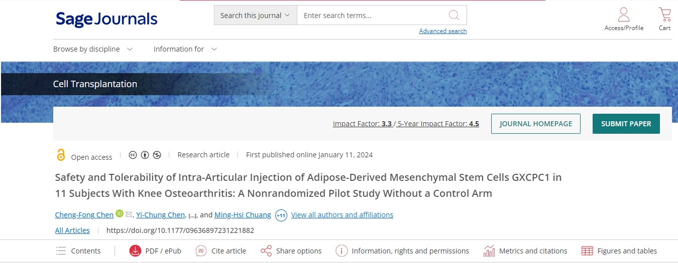 《细胞移植》期刊：关节内注射干细胞显著改善骨关节炎患者的疼痛和膝关节功能