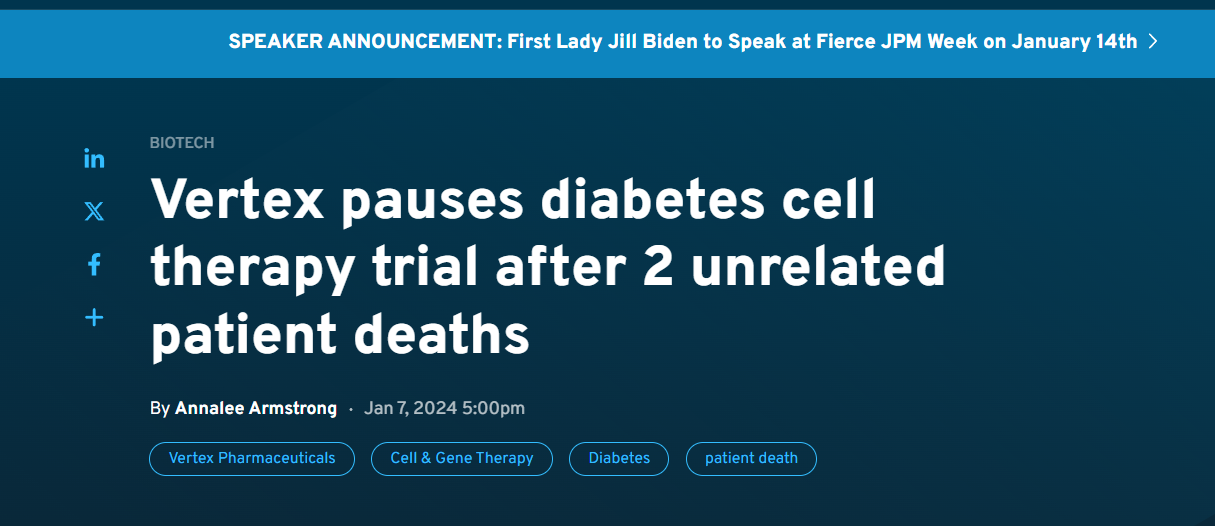 Vertex公司在两例无关患者死亡后暂停干细胞治疗糖尿病的试验 Vertex公司在两例无关患者死亡后暂停干细胞治疗糖尿病的试验