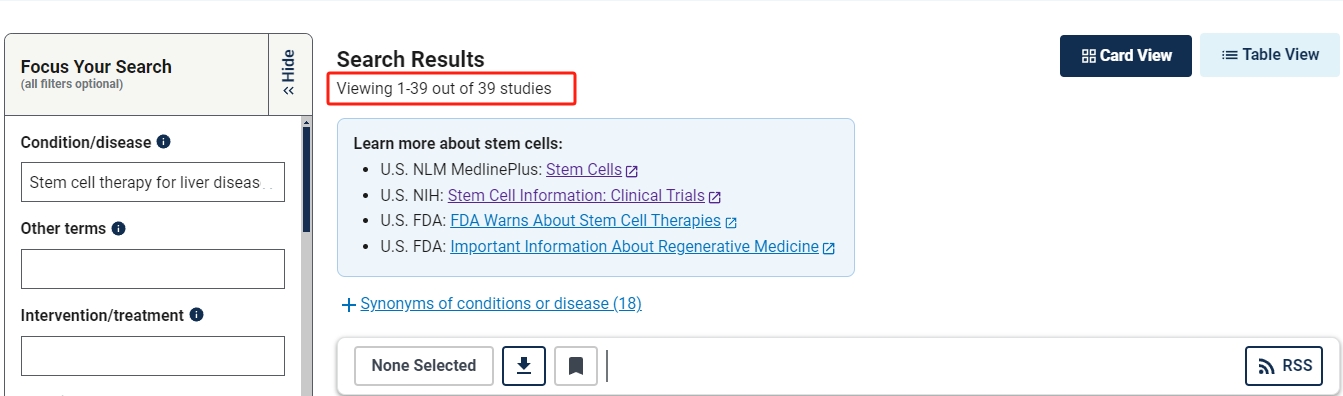干细胞治疗肝病的临床研究项目有39项