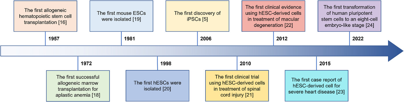 图1：干细胞疗法（SCT）几十年来取得的重要研究进展。