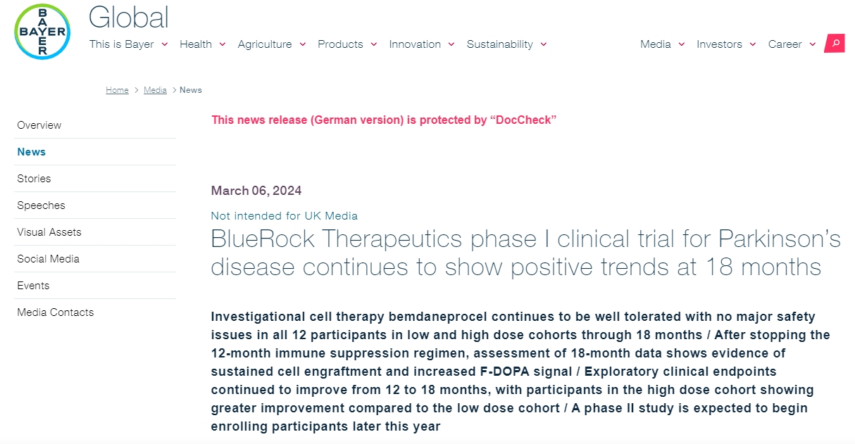 BlueRock Therapeutics 帕金森病第一阶段临床试验在 18 个月内继续呈现积极趋势