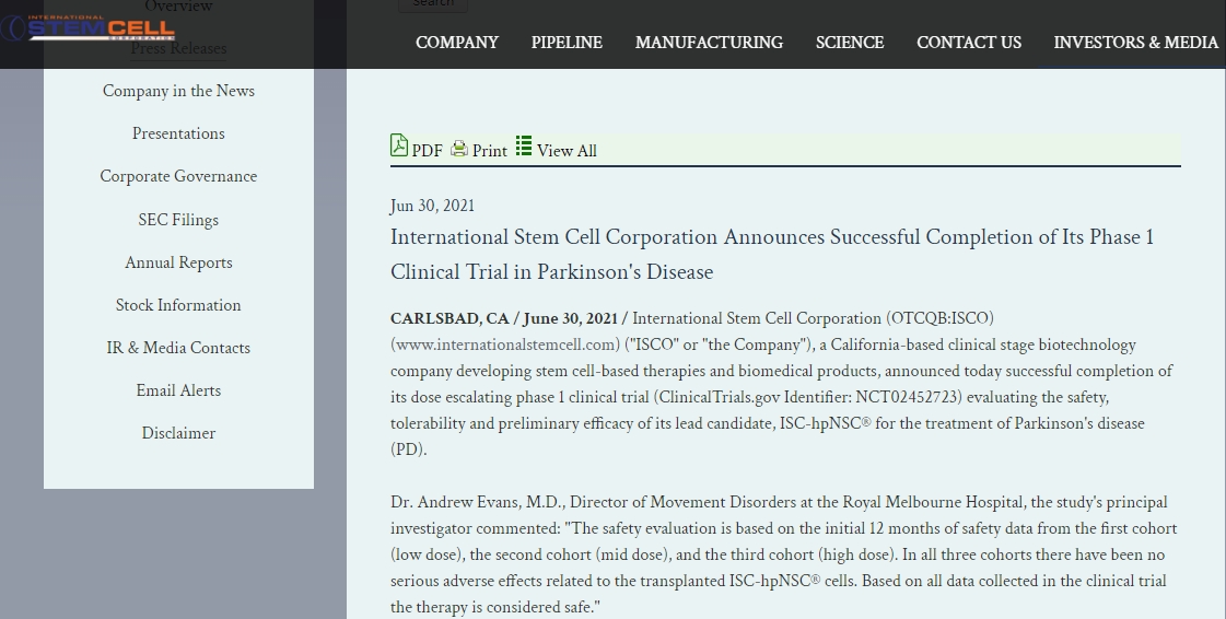 另一种疗法ISC-hpNSC正在由加利福尼亚州的国际干细胞公司开发。