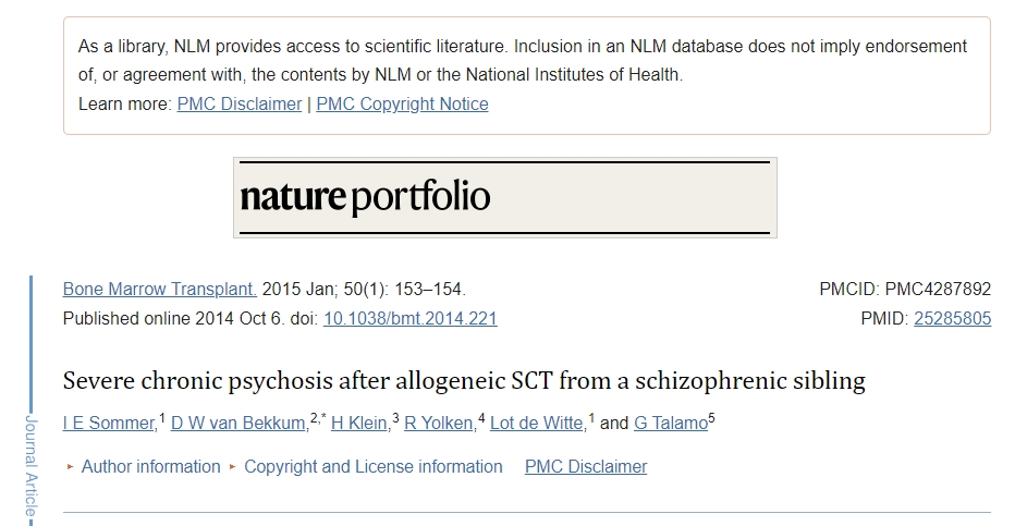 接受来自精神分裂症同种异体 SCT 后出现严重慢性精神病