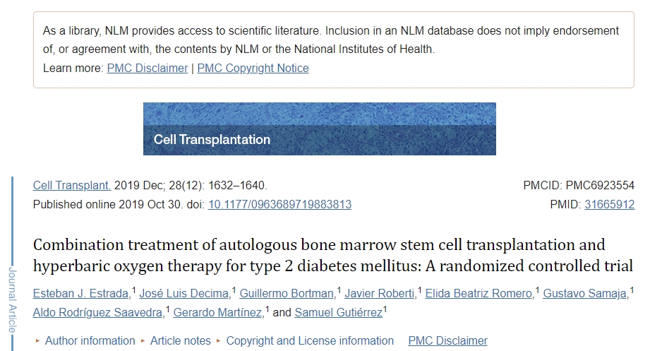 自体骨髓干细胞移植联合高压氧治疗2型糖尿病：一项随机对照试验