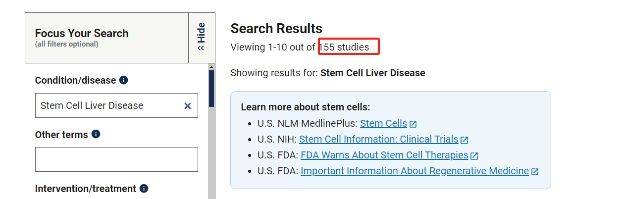 clinicaltrials.gov网站上注册的有关干细胞治疗肝病的临床研究项目有155项。其中已完成的有53项。 clinicaltrials.gov网站上注册的有关干细胞治疗肝病的临床研究项目有155项。其中已完成的有53项。