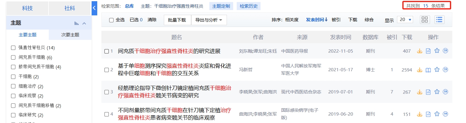 国内中国知网cnki.net网站上已经有15个干细胞治疗强直性脊柱炎的相关文章