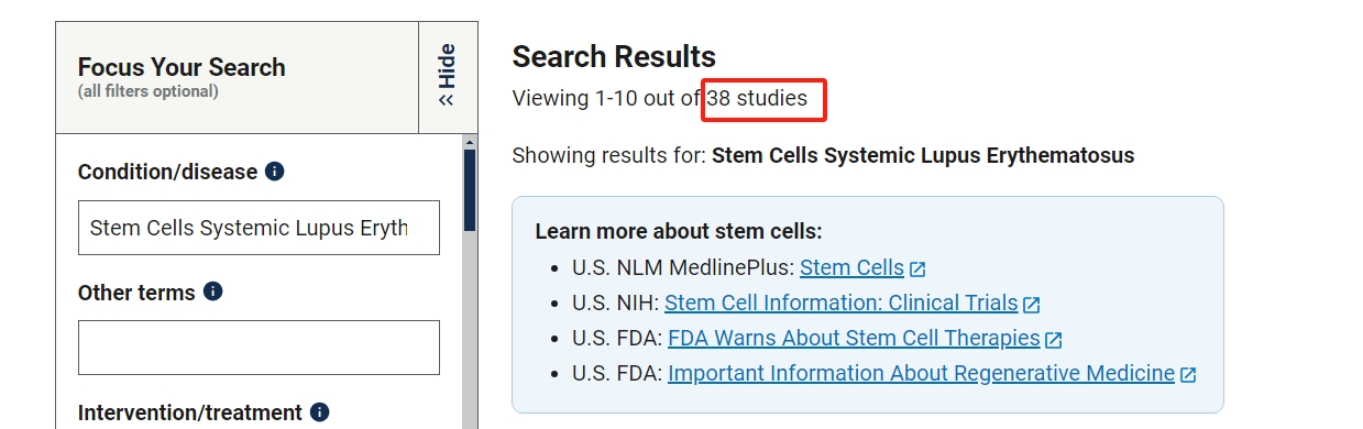 clinicaltrials.gov网站上注册的有关干细胞治疗系统性红斑狼疮的临床研究项目有38项。其中已完成的有10项。