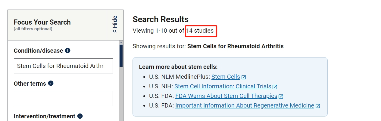 干细胞治疗类风湿关节炎的临床研究项目有14项。其中已完成的有2项。