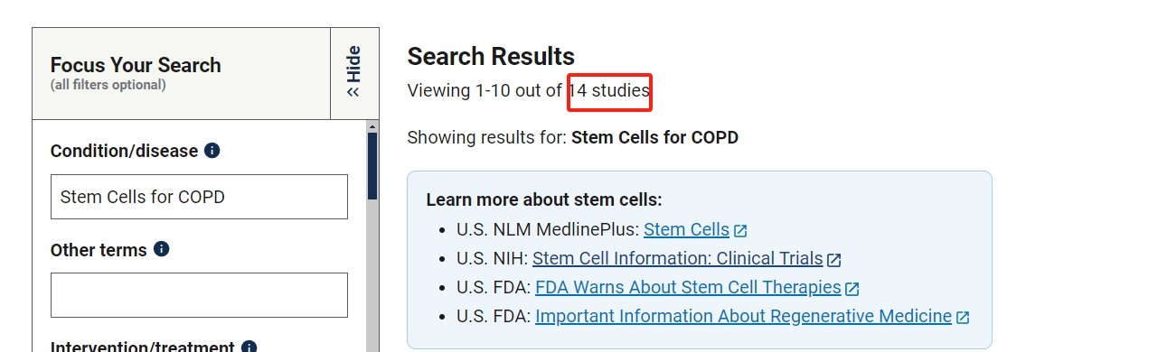 clinicaltrials.gov网站上注册的有关干细胞治疗慢性阻塞性肺病的临床研究项目有14项。其中已完成的有6项。
