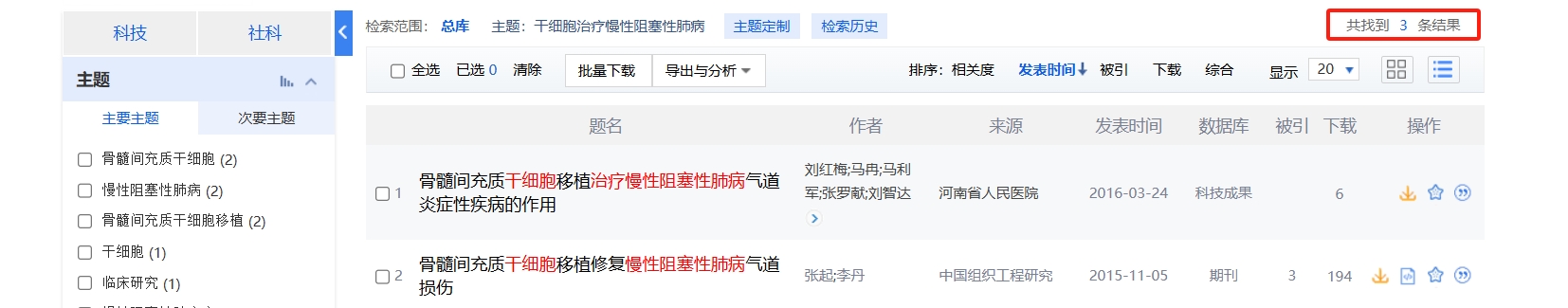 国内中国知网cnki.net网站上已经有3个干细胞治疗慢性阻塞性肺病的相关文章