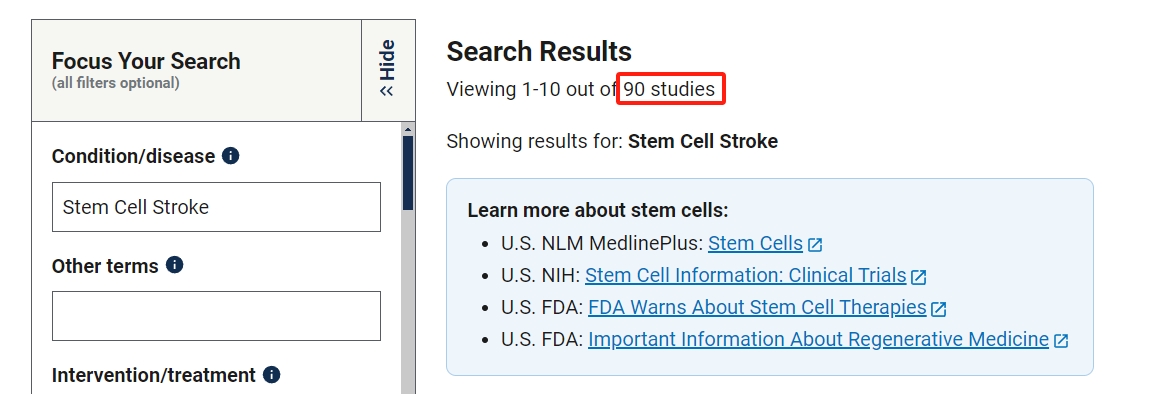 干细胞治疗中风的临床研究项目有90项。其中已完成的有33项。