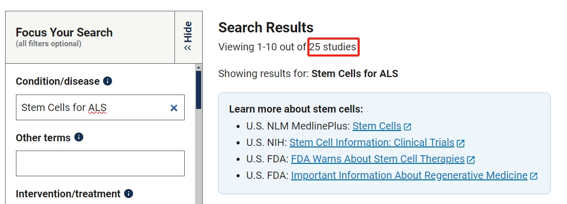 干细胞治疗肌萎缩侧索硬化症的临床研究项目有25项。其中已完成的有8项。