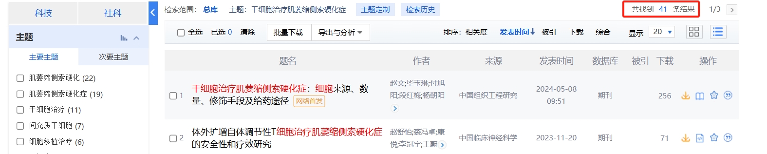 国内中国知网cnki.net网站上已经有41个干细胞治疗肌萎缩侧索硬化症的相关文章。