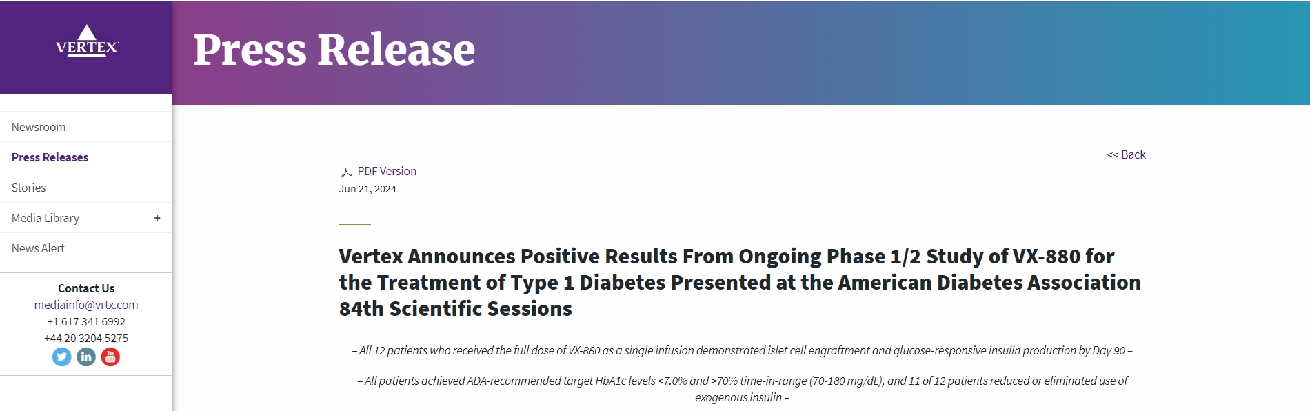 Vertex 宣布正在进行的 VX-880 治疗 1 型糖尿病的 1/2 期研究取得积极成果，并在美国糖尿病协会第 84 届科学会议上发表