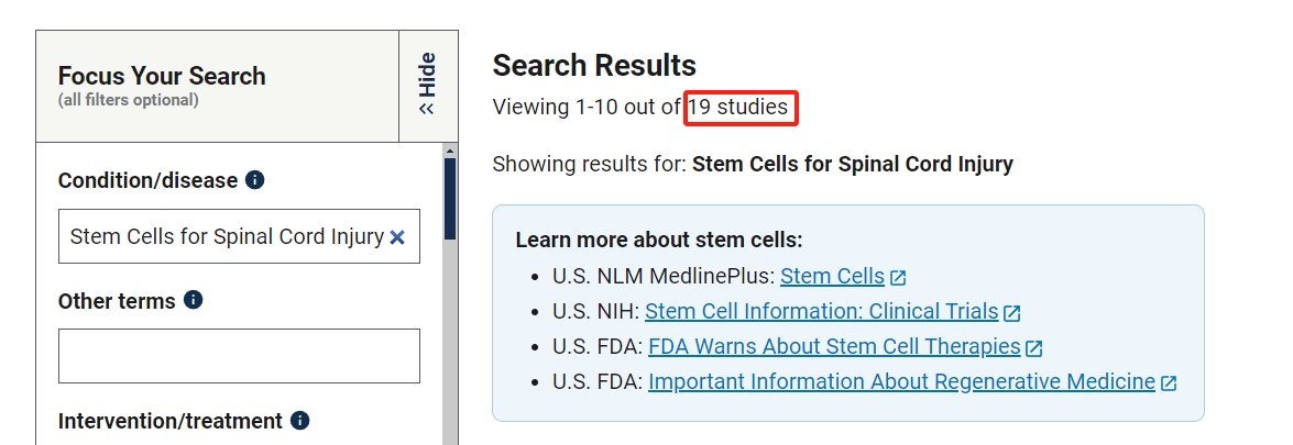 干细胞治疗脊髓损伤的临床研究项目有19项。其中已完成的有4项。