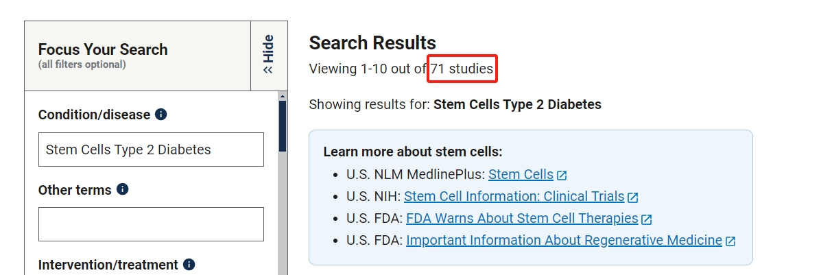 关干细胞治疗2型糖尿病的临床研究项目有71项。其中已完成的有39项。