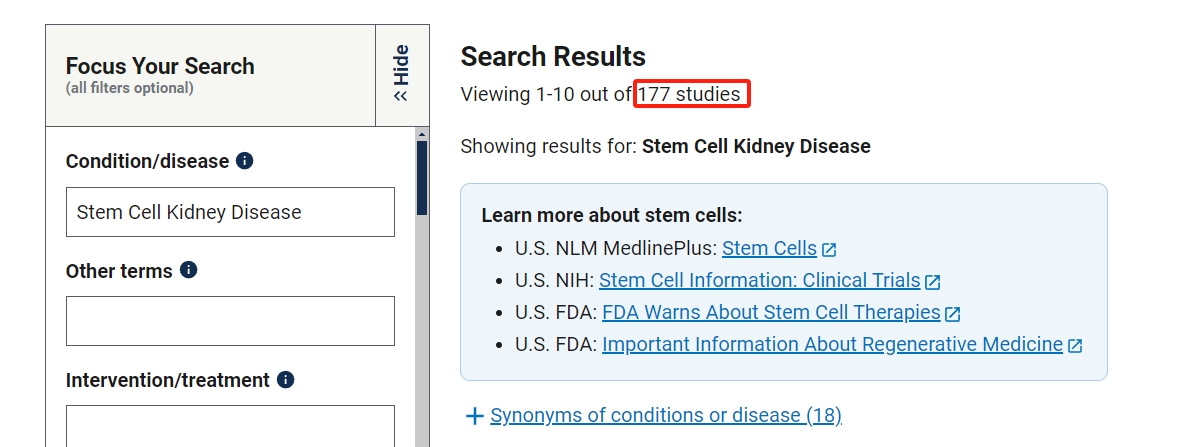 clinicaltrials.gov网站上注册的有关干细胞治疗肾病的临床研究项目有177项。其中已完成的有91项。 clinicaltrials.gov网站上注册的有关干细胞治疗肾病的临床研究项目有177项。其中已完成的有91项。
