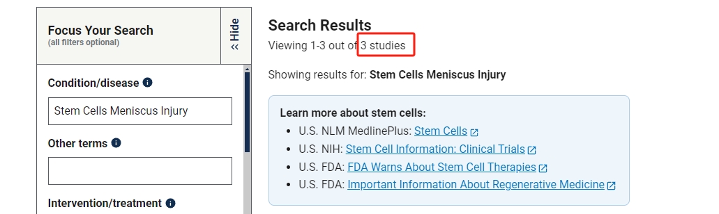 clinicaltrials.gov网站上注册的有关干细胞治疗半月板损伤的临床研究项目有3项