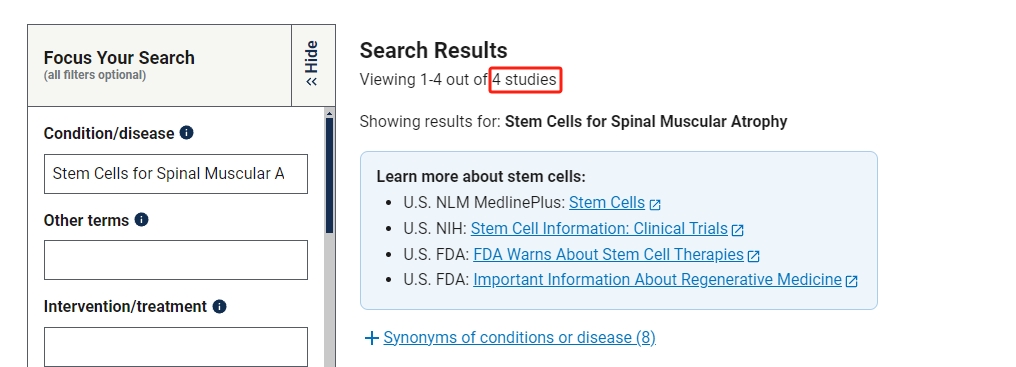 干细胞治疗脊髓性肌萎缩症的临床研究项目有4项。其中已完成的有1项。