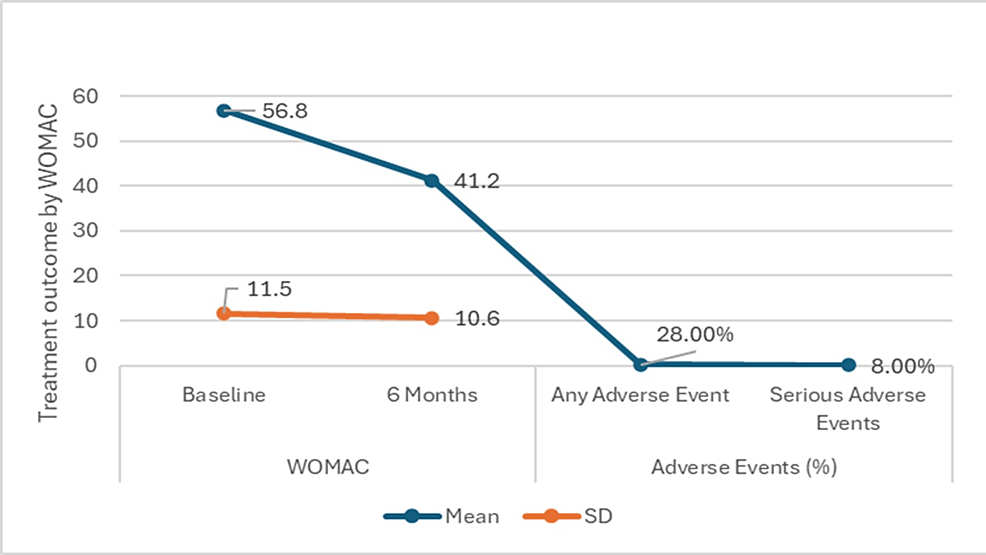 图4:西安大略大学和麦克马斯特大学关节炎指数 (WOMAC) 六个月随访的治疗结果 图4:西安大略大学和麦克马斯特大学关节炎指数 (WOMAC) 六个月随访的治疗结果