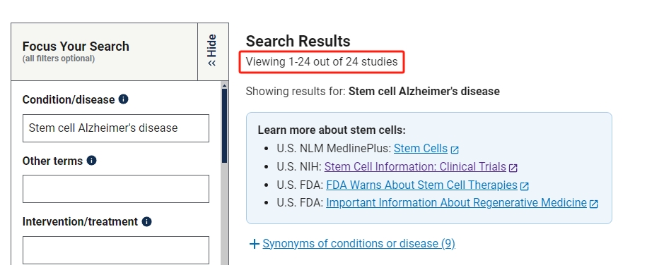干细胞治疗阿尔茨海默病的临床研究项目有24项。