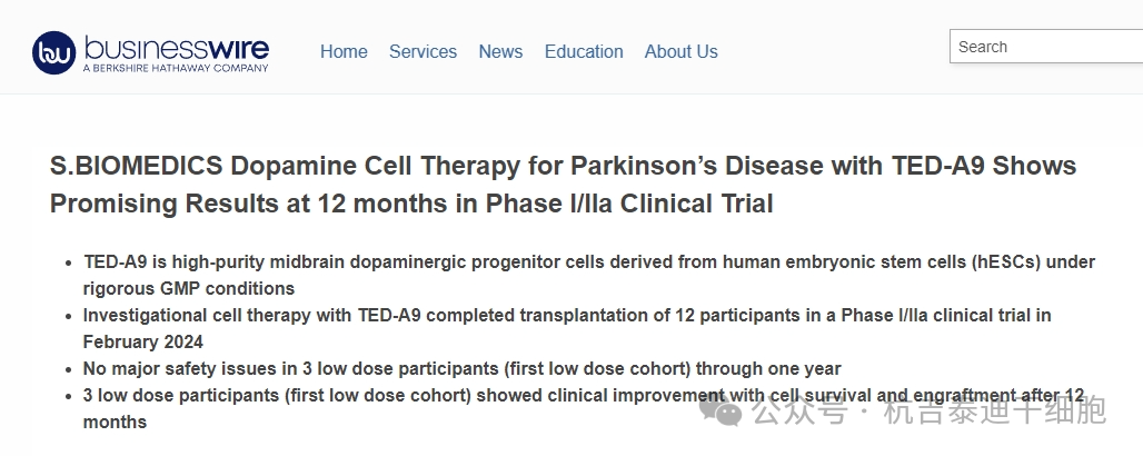 S.BlOMEDICS多巴胺细胞治疗帕金森病与泰德- a9在12个月的i / la期临床试验显示有希望的结果