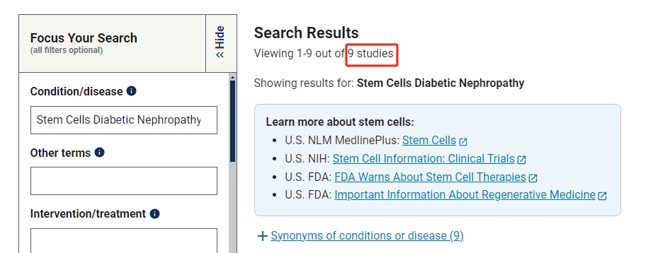 干细胞治疗糖尿病肾病临床研究项目有9项。其中已完成的有2项。