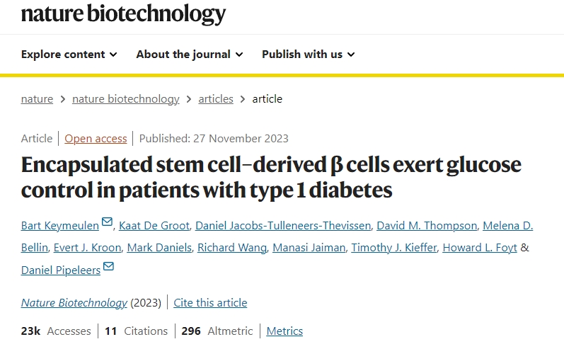 封装干细胞衍生的 β 细胞对 1 型糖尿病患者发挥血糖控制作用