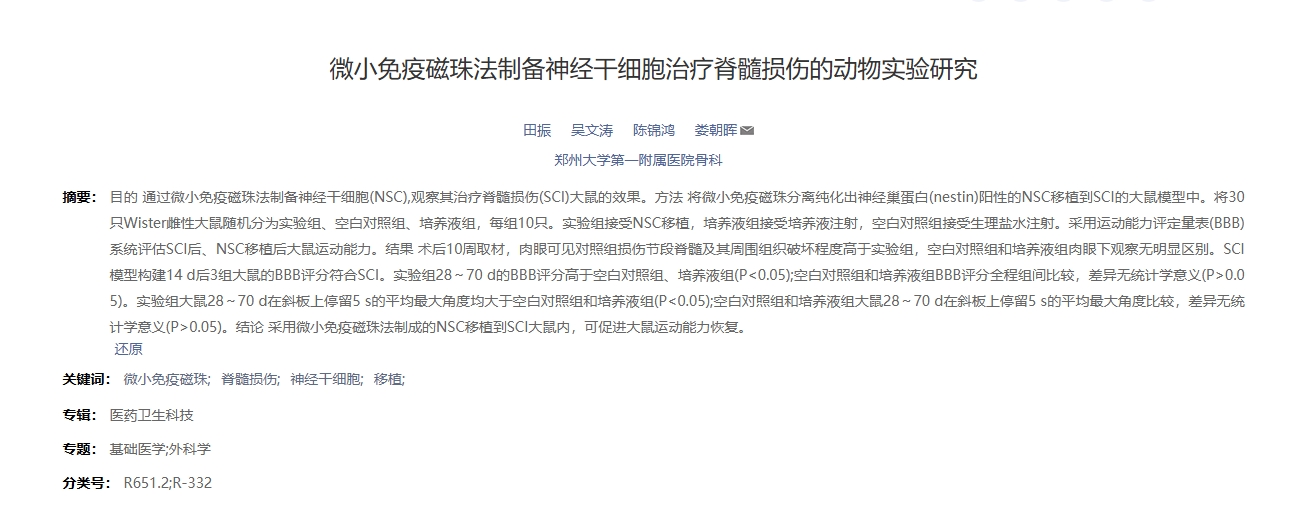 微小免疫磁珠法制备神经干细胞治疗脊髓损伤的动物实验研究