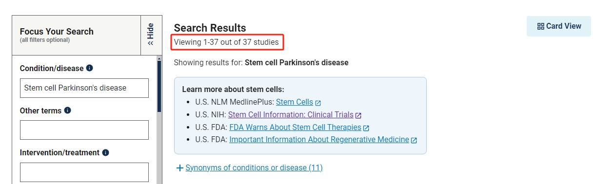 干细胞治疗帕金森病的临床研究项目有37项。