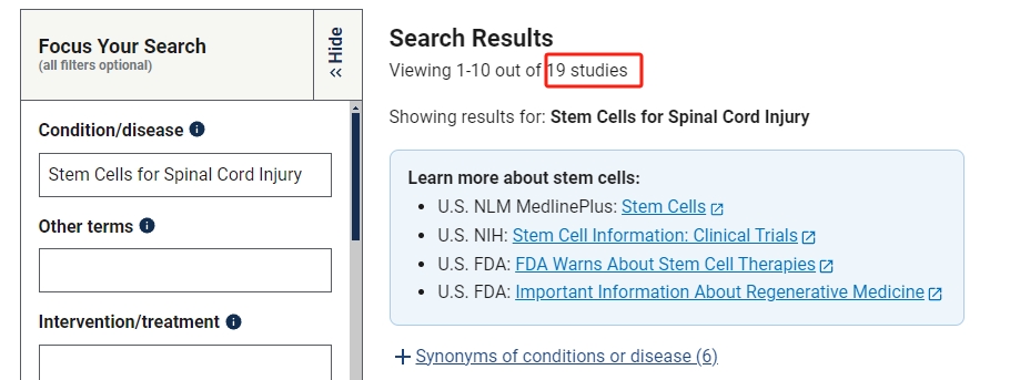 干细胞治疗脊髓损伤临床研究项目有19项。其中国内发布的占据2项。