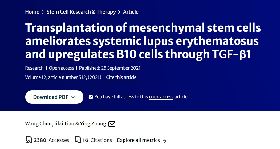 间充质干细胞移植可改善系统性红斑狼疮并通过 TGF-β1 上调 B10 细胞