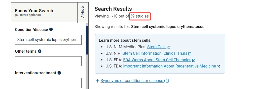干细胞治疗系统性红斑狼疮临床研究项目有39项。其中国内发布的占据8项。