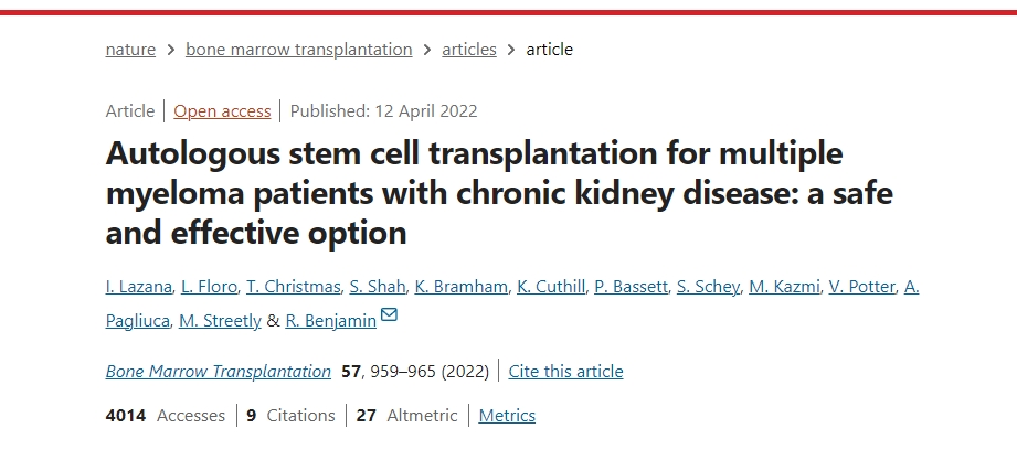 自体干细胞移植治疗患有慢性肾病的多发性骨髓瘤患者：一种安全有效的选择