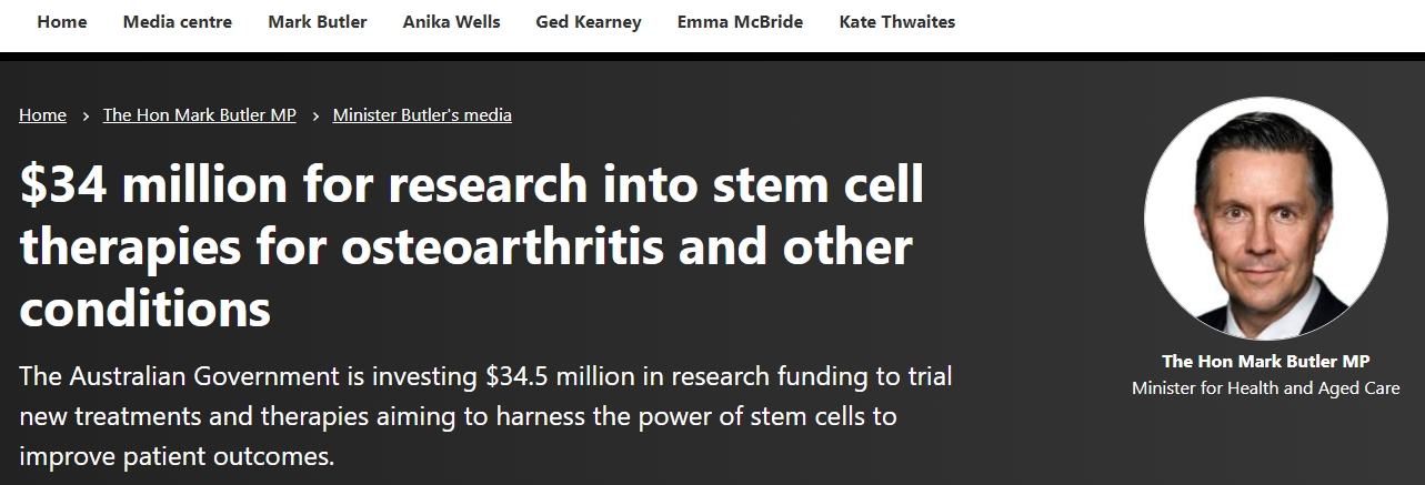 澳大利亚政府：投资3400万美元用于骨关节炎和其他疾病的干细胞疗法研究