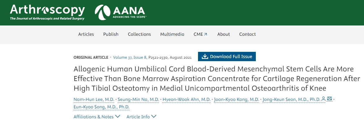 同种异体人脐带血间充质干细胞在治疗膝关节内侧单髁骨关节炎胫骨高位截骨术后软骨再生方面比骨髓抽吸浓缩物更有效